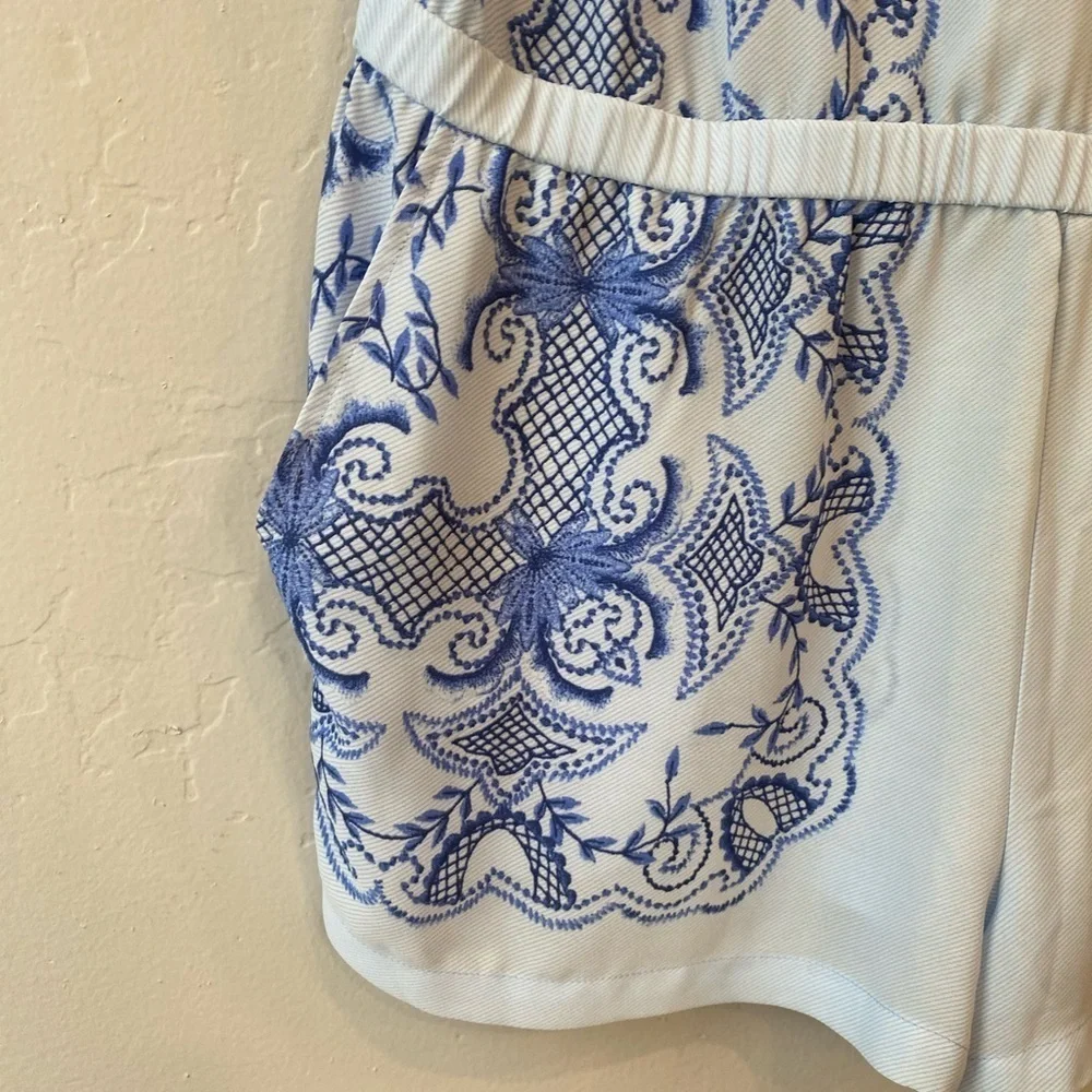 BCBGMaxAzria V-Neck Floral Scarf Print Vance Tie Waist Romper - Light Oasis Blue